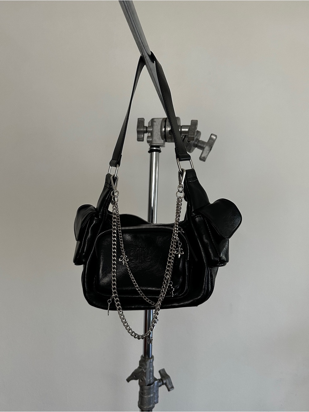 Miss Me Black Shoulder Bag with Silver Chain Detail